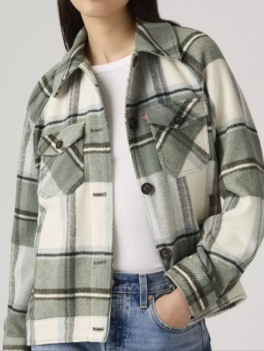 Levi's Women's Green Plaid Oversized Raglan Sleeve Shirt Jacket Size L Large - Picture 2 of 14